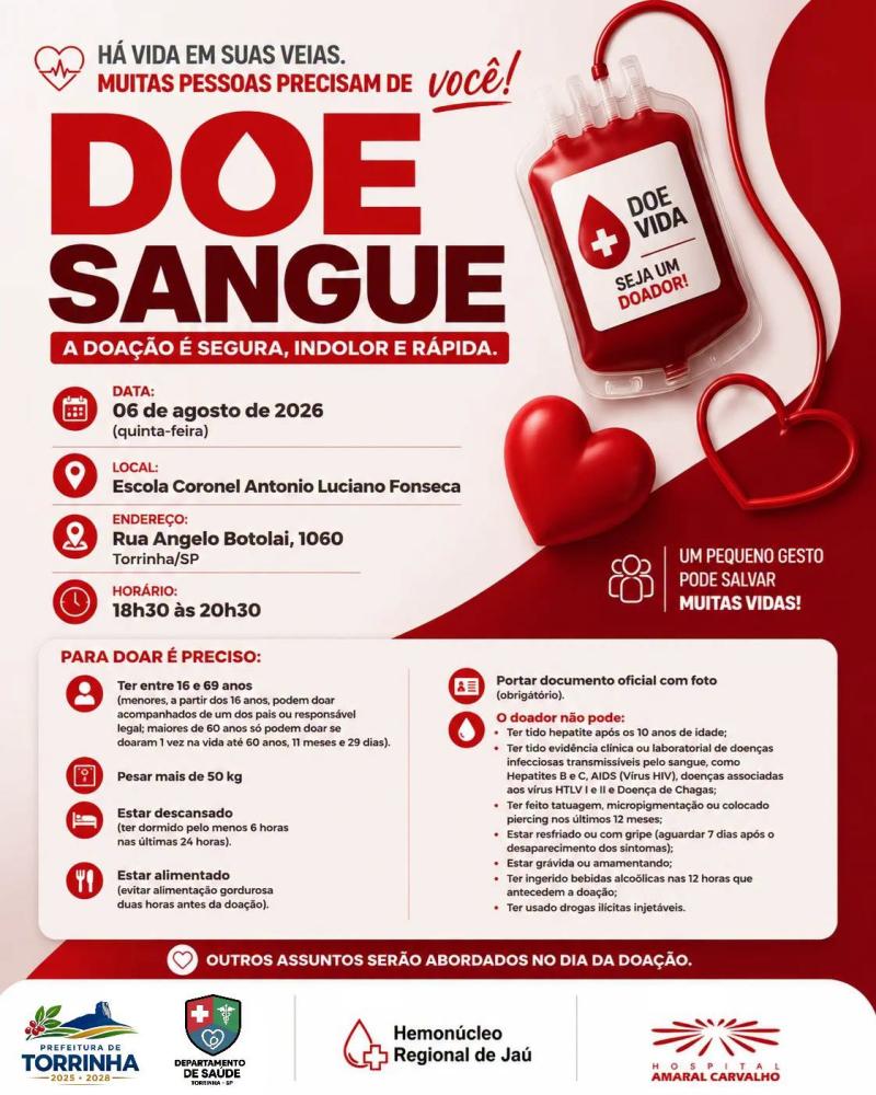 Hemonúcleo Regional de Jaú e Hospital Amaral Carvalho promovem campanha de doação de sangue em Torrinha